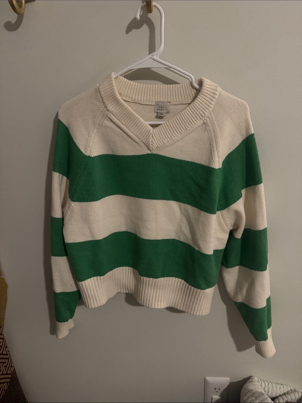 a new day Green and Cream Striped V-Neck Sweater